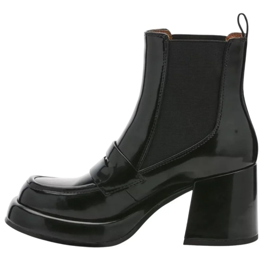Madden Girl Black Patent Leather Boots Deardra Pull On Chunky Heel Chelsea  7 - Picture 2 of 5